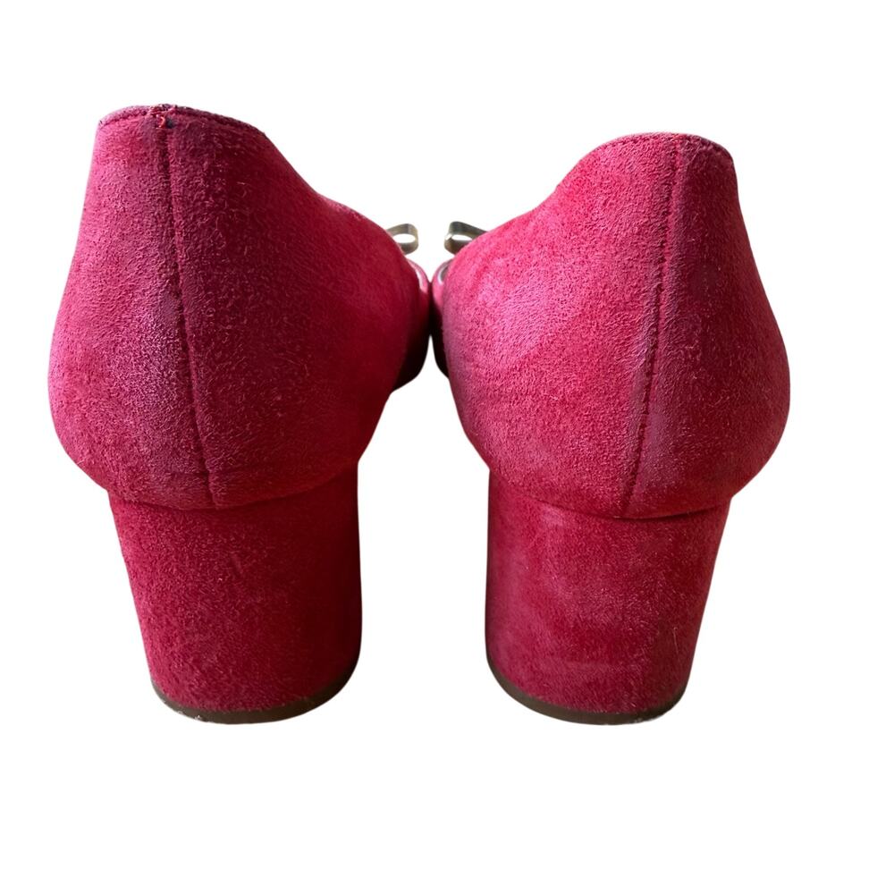 Kate Spade Red Suede Dijon Gold Metal Bow Block Heel Size 6 Classic Preppy Chic - Picture 7 of 15